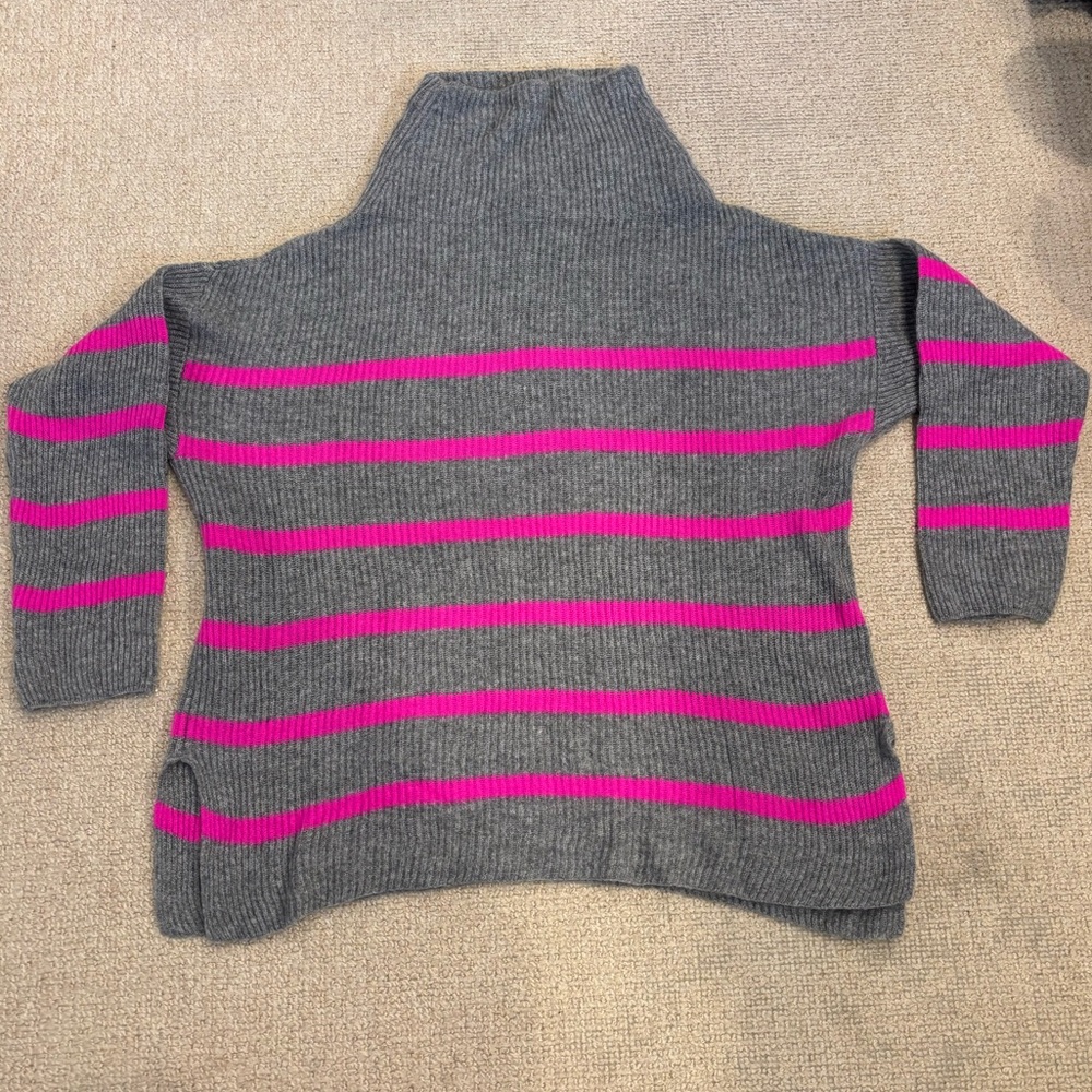 Autumn Cashmere Gray Sweater with Bright Pink Stripes - Turtleneck